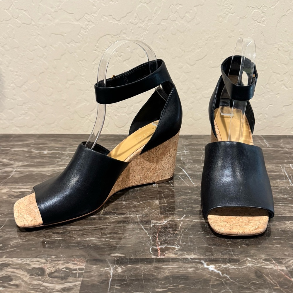 Vince Kensey Black Leather Cork Wedge Sandals - Picture 11 of 11